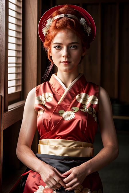 geisha costume ,  tank interior , evening <lora:Rose_Leslie:1> masterpiece, best quality, detailed face, a mature r1873l, 1girl, solo, red hair,