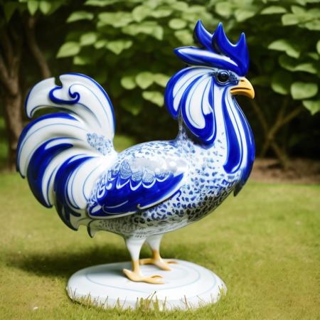 a (bwporcelaincd, porcelain, shiny) rooster, (solo:1.2), standing in lawn, <lora:bwporcelaincd-000015:1.0>, no humans, high quality, masterpiece, realistic, photorealistic, long-focus, (outdoors)