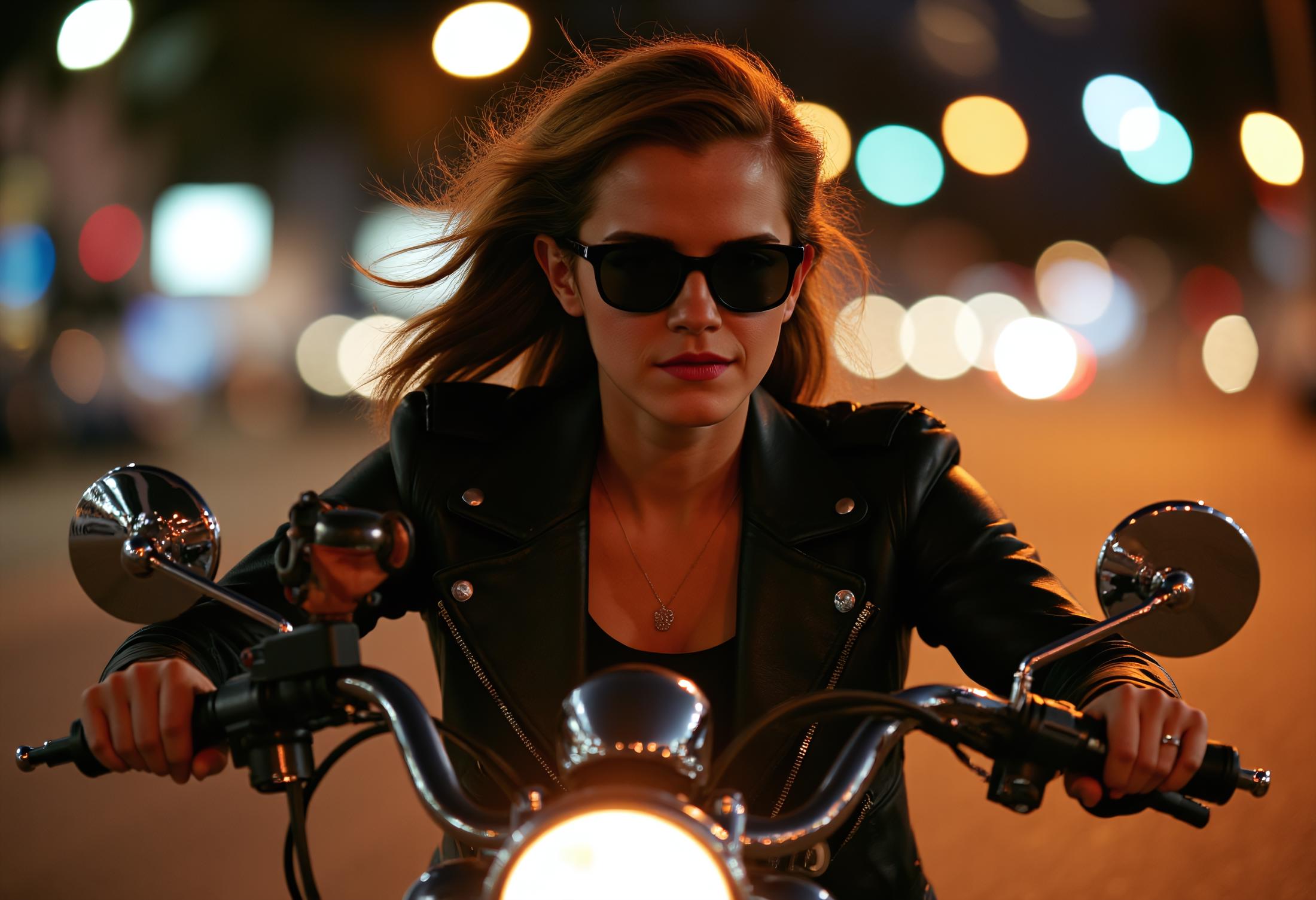 focus is on the woman, closeup headshot of 18 year old woman with a serious look, wearing dark sunglasses, shotgun over the shoulder, riding a harley davidson chopper, through the streets of los angles at night