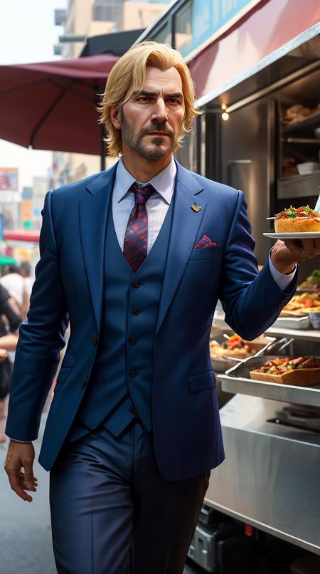 best quality,masterpiece,highly detailed,ultra-detailed, 
an old man wear suit  collared shirt, 
Food Truck - trendy and diverse, with exotic dishes and bustling crowds., unreal engin 5,octane render,(2D:1.2)