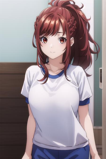 kaedekazama, <lora:kaede kazama s1-lora-nochekaiser:1>,
kaede kazama, long hair, bangs, (red eyes:1.3), ponytail, braid, sidelocks, red hair, smile,
BREAK (white shirt:1.5), short sleeves, shorts, gym uniform, blue shorts, gym shirt,
BREAK indoors, classroom,
BREAK looking at viewer, (cowboy shot:1.5),
BREAK <lyco:GoodHands-beta2:1>, (masterpiece:1.2), best quality, high resolution, unity 8k wallpaper, (illustration:0.8), (beautiful detailed eyes:1.6), extremely detailed face, perfect lighting, extremely detailed CG, (perfect hands, perfect anatomy),