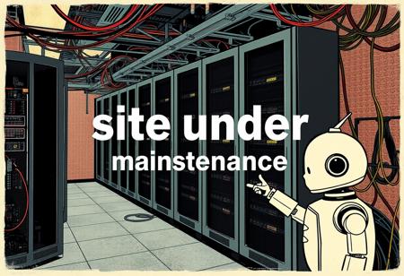 A 1920s poster with the text "site under maintenance", a server room, data center, wires,  robot,  absorbing energy from a server,