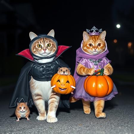 Ultra realistic. white grey brown cat with helmet and black leather jacket  on a vampire costume, one small hamster with hero costume,  one orange cat on a princess costume carring a carved pumpkin with candies,  walking on a suburban street, midnight, low light, shadows with brillant eyes behind them