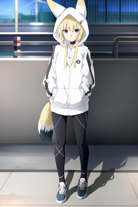 1girl, konjihen, kon, hoodie, leggings, hood, blonde hair, blue eyes, sneakers, fence, railway, train, city, (fox tail:1.3)