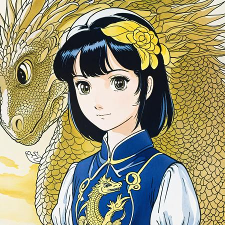 (Anime:1.1), 
best quality, 1girl, A ghostly portrait of a dragon with detailed patches | ink-wash nature on gold tones | plain background, anime style 80, 
 

(anime by Osamu Tezuka, 80s, big eyes, illustration,:1.1), manga,
(film still, image still),

complex stuff background, 