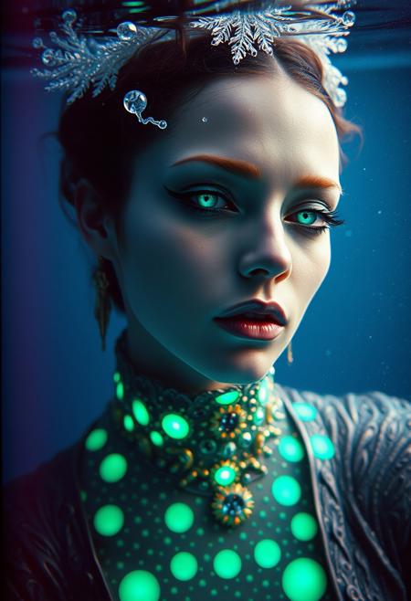 By Eric Lacombe By Patrice Murciano Frostpunk Fashion Photography, underwater environment, minimalism, smoked eye shadow, illuminated green-blue bulging biomorphic dot pattern, underwater landscape, volumetric particle dust, vivid color, misty aether houte - couture rococo metal  clothing, holga medium format camera, etherial lighting, backlighting, in the style of. . ., professional ominous concept art, by artgerm and greg rutkowski, an intricate, elegant, highly detailed digital painting, concept art, smooth, sharp focus, illustration, in the style of simon stalenhag, wayne barlowe, and igor kieryluk.