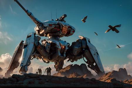 8k wallpaper, masterpiece,Cinematic Lighting, best quality,Illustration,detailed face depiction,dramatic angle,
mecha \\\(flegs\\\), mecha,robot, science fiction, mecha, no humans, outdoors, cloud, sky, scenery, military, bird, non-humanoid robot, signature