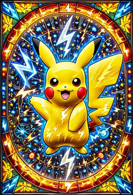 Stained glass illustration:2, ((novuschroma54 style)), pikachu, fuzed glass pikachu, lightning bolt symbol, electricity, glass lightning bolts, spherical perspective, ultra-wide angle, 4mm fisheye, f1sh3y3,