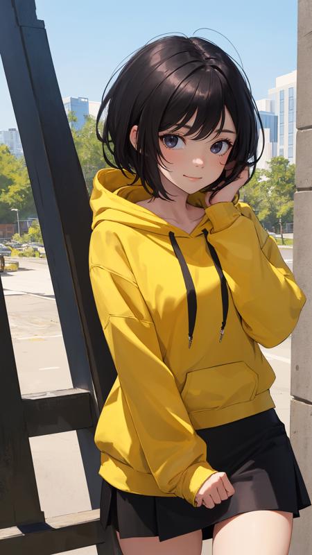 (masterpiece, best quality:1.2), (looking at viewer), (wavy hair:0.8),
1girl, (upper body:0.85), (black theme:1.2), {indoors|outdoors}, dark eyes, dark hair, 
{long hair|medium hair|short hair|updo}, hoodie, (tight skirt:1.2),
({happy face|peaceful face|shy face|curious face}),