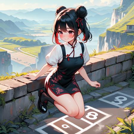 hopscotch hopping numbers in white large grid fluttering floral skirt black stocking leather shoes banyan countryside utility pole