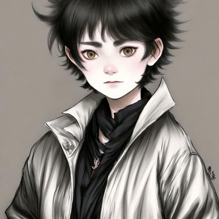 masterpiece, best quality, drawing,illustration, 1girl,style of zaodao, adult, short hair, messy hair, long_jacket, small breasts,  <lora:7dvision0.4bzaodao:0.8>, Style of Vera Wang