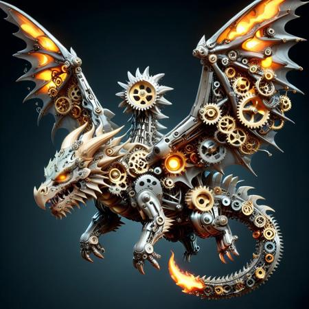 a dragon sculpted from overlapping gears in various alloys, wings rotating on exposed piston hinges, jaw clicking open with rotary precision, tail composed of segmented crankshafts, eyes glowing with thermal coils, g3ars, made out of gears