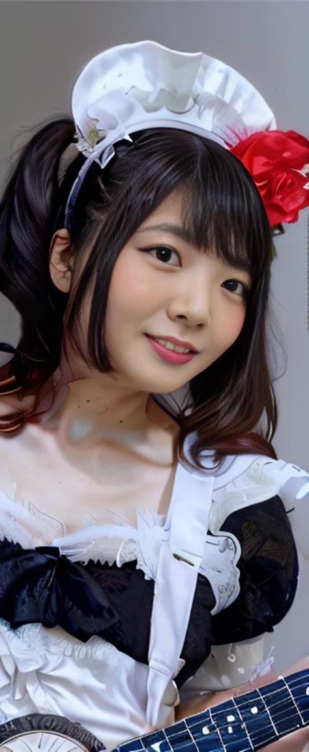 girl in a main costume playing the guitar with a flower on her head, beautiful Japanese face  <lora:MikuV4-15:1> nude  , (sexy lingerie:1.2)