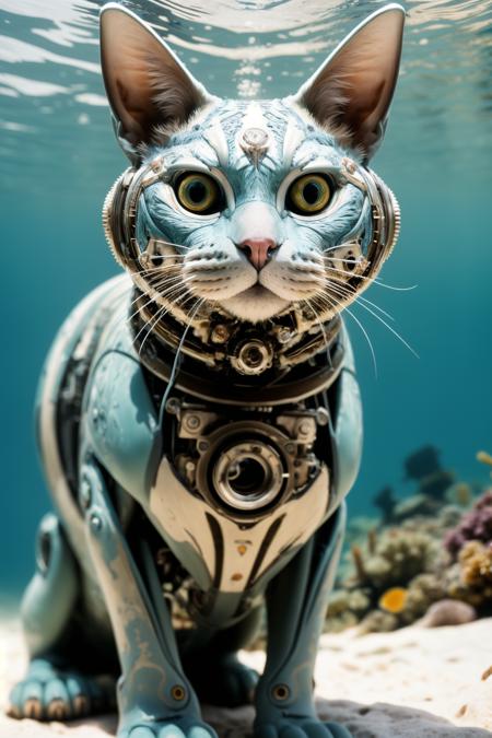 mechanical cat,tropical reef snorkeling,diving, 
(masterpiece:1.2) (photorealistic:1.2) (bokeh) (best quality) (detailed skin:1.3) (intricate details) (8k) (HDR) (analog film) (canon d5) (cinematic lighting) (sharp focus), <lora:Mechanicalcat:0.6>