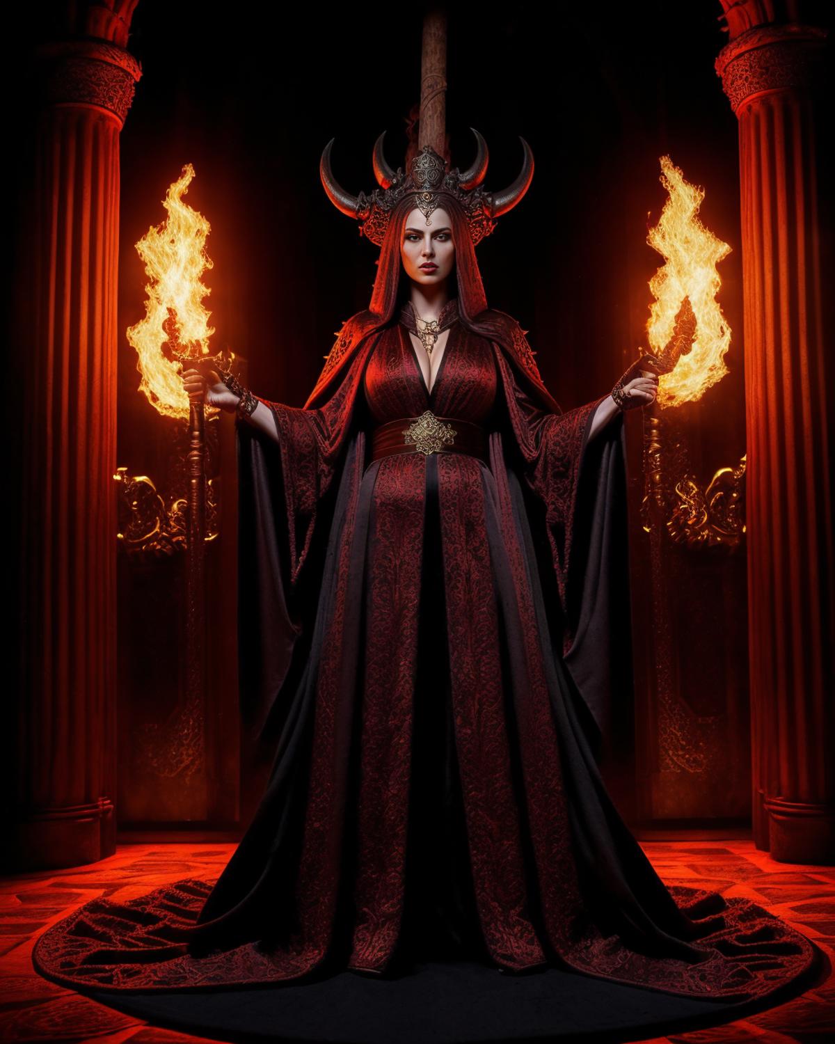 A woman in a red dress holding torches in her hands.