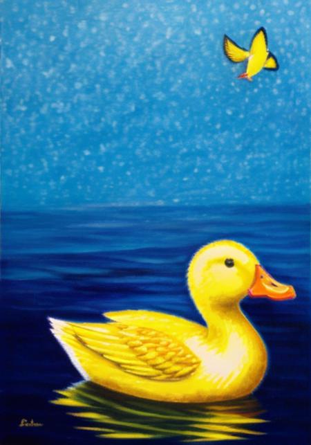 by alessandro pedrazzini <lora:alessandropedrazzini_v1.0c:1>,  yellow duck floating on water