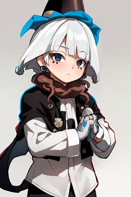 1boy,white hair,hat,cape,white shirt,triped pants,earrings, gloves,