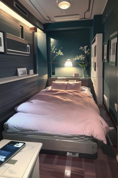 masterpiece, best quality, ultra-detailed, illustration,
LHbedpanel, lovehotel, scenery, indoors, lamp, phone, bed, cellphone, desk lamp, realistic, 
 <lora:LoveHotelV7_1.0_MIDD_Resize_DIM8:1>