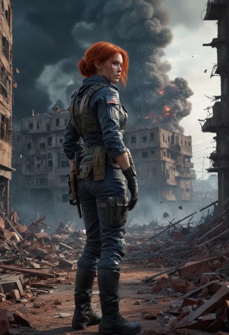 Ultra-realistic Post-apocalyptic Warrior Girl, wavy red hair, Intricately Designed tight combat uniform, Nuclear Attack, thermo-nuclear war, Ultra-realistic of sinister Nuclear war, Mushroom cloud in the background from a ground based nuclear explosion, a fiery pressure wave devastates buildings and there are pieces of ruins everywhere, Chesley Bonestell, The nuclear Apocalypse cinematic James Cameron, Sinisterly detailed, Perfect, high detail, fire and dark color scheme with deep saturation, artstation, cinematic lighting, Photograph Taken on Nikon D750, Intricate, Digital Illustration, Scenic, HyperRealistic, HyperDetailed, Unreal Engine, CryEngine, Octane render, extremely high resolution 8K, Greg Rutkowski, deep color, Cinematic Lighting, intricate, smooth, sharp focus, digital painting, blue and red as complementary colours, Apocalyptic war, light and shadow, three-dimensional lighting, combination of various colors and shades, Digital Illustration, Intricately Designed buildings city, Intricate, Intricate cinematic lighting, Digital Illustration