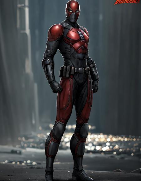 superhero suit,  armor, boots, full body, helmet, realistic, solo, standing, weapon,  <lora:Superhero_suit-000007:.7>, realistic