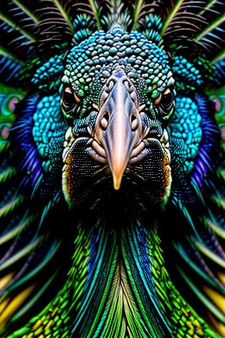 Create a photorealistic close up image of a peacock, feathers,vibrant colors and dark background, highly detailed, aesthetic, great lighting, extremely detailed,  award winning, perfect composition, a rich and complex image of nature, a vibrant tissue of hues and textures captured digitally, best quality, realistic, captivating, intricately detailed, hyper detailed, maximalist style, photorealist, sharp focus, dynamic lighting, superb composition, finest details, highest aesthetics, best quality, sharp focus, high contrast, stylized, clear, colorful, ultra quality, 8k, best quality, masterpiece,midjourneyv6.1, close up,