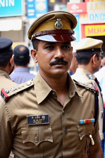 a stunning intricate full color photo, 1man, Indian police officer, wearing khaki uniform, (Indian_Police_Uniform:1) <lyco:Indian_Police_Uniform_V1:1.25> on a busy Indian street, detailed skin, epic character composition, sharp focus, full focus, realistic light, subsurface scattering, f25, 35mm, film grain, analog style