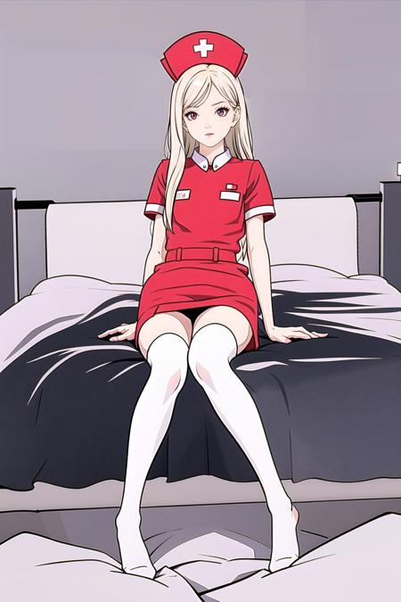 long_hair,red_eyes,blonde_hair,staring,((slim legs)),(white_thighhighs),(no shoes),sleeves,flat_chest,nurse cap,((nurse)),flat color,petite,solo,staring,full body,on bed,staring,nurse,,