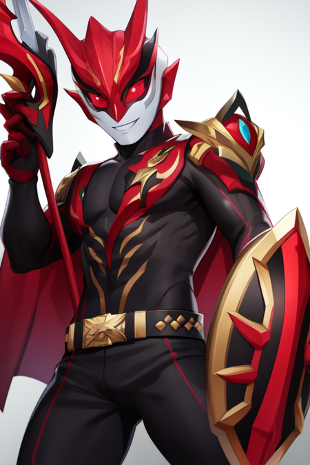 allultraman, mask, open hands, smile, clenched hand, weapon, black bodysuit, belt, red eyes, white footwear, red gloves