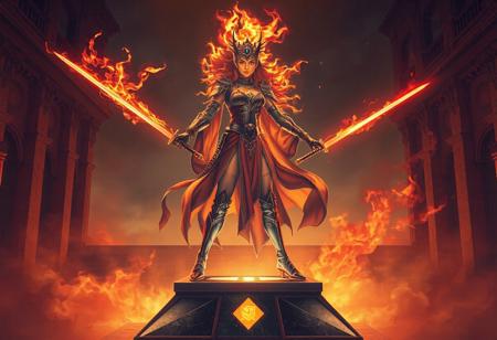 A detailed, golden ratio composition of a Fire Princess, wielding swords, standing on a Chronomaly Pyramid Eye Tablet. She embodies the 80s art deco style with double cloth armor and a single solid body. The setting is an academy, the headmaster is armed with a colorized photon. The piece has a dramatic warm color palette and a standing pose. The style is dreamwave, inspired by artists like David Ligare and Earl Moran. The image is micro-detailed, suitable for 4k or 8k, aiming for a sharp, clean, and smooth finish.