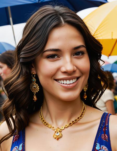 A photo-realistic shoot from a close-up camera angle about a young woman smiling at an outdoor market. the image also shows vibrant colors and a lively atmosphere. on the middle of the image, a 20-year-old woman with light skin and long, wavy dark brown hair appears to be smiling, wearing a colorful, paisley-patterned dress with a plunging neckline that reveals her cleavage. she is wearing gold hoop earrings and a matching necklace with blue beads. her hair is styled in loose waves and falls down her back. the woman is positioned in the center of the frame, facing the viewer and looking directly at them with her brown eyes. her facial expression is a smile, and her body is slim. in the background, there are other people and colorful umbrellas, suggesting a bustling fruit and vegetable market.