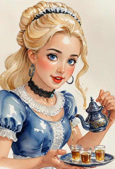 watercolor atai art, silk motherhood trace pattern, sexy, android fembot in porcelain doll armour, 19 years old, moroccan maid hostess spilling atai tea, in moment action shot, funny comedic,, perfect face with surprised expression, beautiful, glossy red lips, petite, demure demeanor, aesthetic, beautiful, big eyes, blue iris, long blonde hair updo, oily shiny skin, black lace choker, romantic lighting., vector svg style, cute anime cheerful pose, inviting expression, motion lines, tripping forward