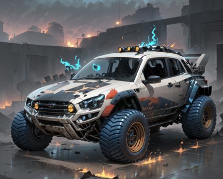 (masterpiece, best quality:1.1), ultra-detailed, (battlecar:1.1), vehicle focus, no humans, car, wheel, tire, debris, (4x4 buggy:1.05), blue fire, smooth floor, reflection, dirty, sunset paintjob