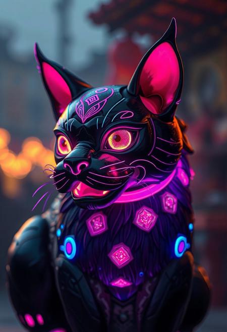masterpiece, best quality, amazing quality, very aesthetic, high resolution, ultra-detailed, absurdres, newest,  photorealistic details, volumetric lighting, foo dog that's a cat, glowing details, black, blue, and pink coloration