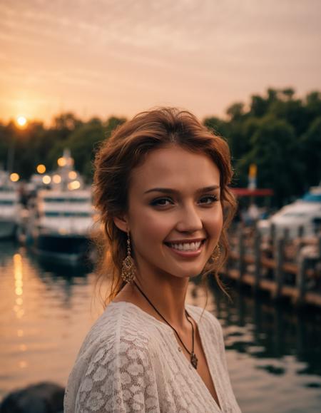 cinematic photo professional close-up portrait photography of the face of a beautiful (((ohwx woman))) at tidal watercourse during Sunset, Nikon Z9     <lora:jessica_alba_sdxl_dh128_v1:1.05> . 35mm photograph, film, bokeh, professional, 4k, highly detailed