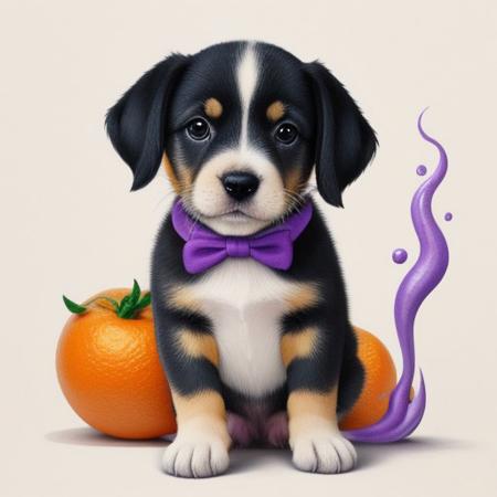 A puppy.
Ink. 
orange and purple and white