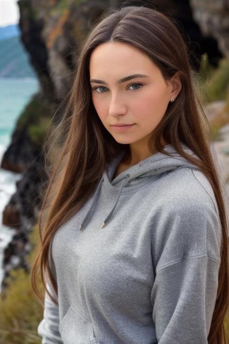 a woman, best quality, hazel eyes, middle part long brown, torso head picture, big breasts, wearing a grey sweatshirt, posing outside near a cliff, nikon d850 film stock photograph 4 kodak 400 camera f1.6 lens rich colors hyper realistic lifelike texture natural lighting trending on artstation cinestill 800, (100mm lens), mature face, <lora:CeceRose_v3:1>