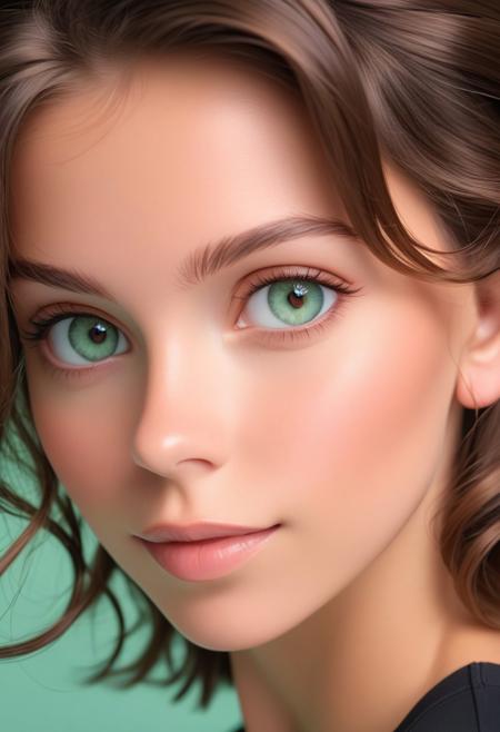 closeup portrait of a stunning lady, neutral expresson, black t-shirt, expressive eyes, mint background.
malisa