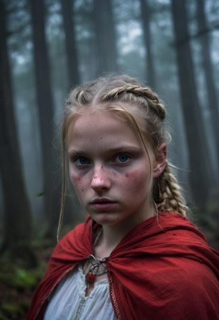 Close Up shot of  the Red Riding Good as a little warrior, she IS a very young girl, blond braids hairstyle, beautiful, red hood cape, dirt white dress, wind, at night, fog, mist, forest at the background, National Geographic photography awarded masterpiece