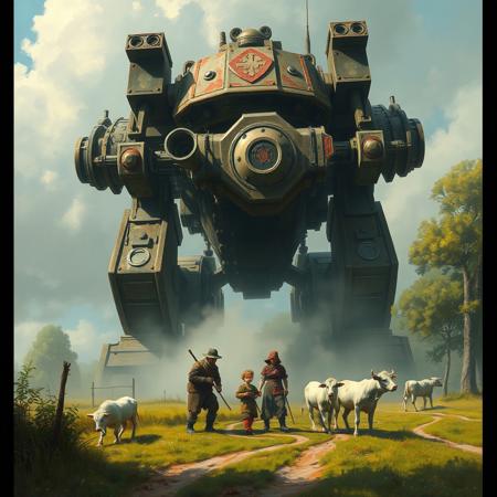 Jakub Różalski Style art.  A large mechanical machine with cannons protruding from the front is towering over a small family of farmers tending to their cattle.