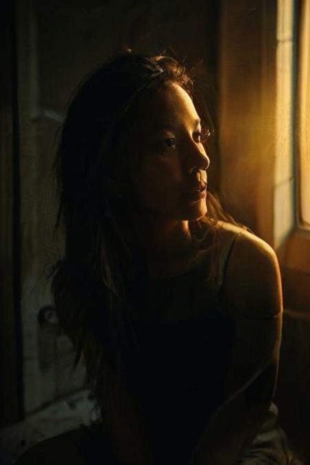 In a low-key style with the grainy texture of expired film, the photo offers a close-up view from above of a photo-realistic close-up medium shot of a beautiful girl's figure laying down in a bathtub, depicted in full body. One hand is reaching down out of the bathtub, holding a wine bottle. The attention to detail captures every nuance of the subject's features and attire, creating a lifelike representation that almost breathes with realism. Against the backdrop of vibrant, full-color, saturated neon city lights visible through the big windows, the scene comes alive with a plethora of hues and tones, infusing warmth and urban energy. The subject's expression exudes a sense of calm amidst the bustling cityscape. Bathed in the dim neon-colored light from the blacked-out large windows showcasing the city's glowing neon signs, the scene is a captivating mix of dramatic shadows, heightened by a subtle rim light tracing along her silhouette, and accentuated by a soft hair light adding dimension and allure to her hair strands.