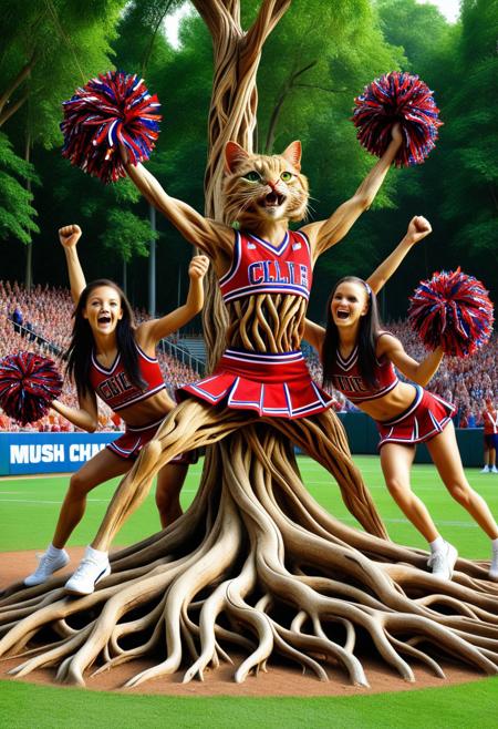 masterpiece, absurdres, HD, 8k, High detail, realistic, vivid colors, morph-treeroots
A feline cheerleader made of twisted and carved tree roots cheering on their favorite team.