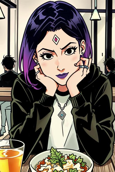 ((best quality)), ((masterpiece)), (detailed),gabriel picolo, 1girl, raven \(dc\), looking at viewer, short hair, shirt, black hair, jewelry, sitting, jacket, purple hair, multicolored hair, earrings, multiple boys, solo focus, indoors, hood, necklace, black eyes, cup, makeup, ring, plant, head rest, forehead mark, print shirt, forehead jewel, restaurant, pov across table
<lora:GPSD:0.6>