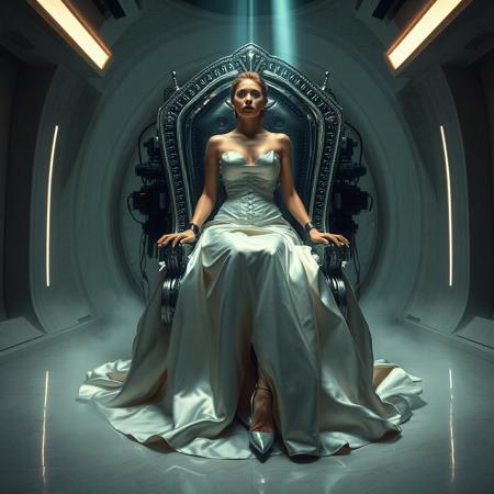 A slender, arrogant  rich norvegian bride, dressed in a luxurious, rich fantasy satin wedding gown with a fitted, boned corset and a full, flared skirt, paired with satin high heels, orgasm face, encased in beam of light from celling. The brainwashing temple electrode,  connected to a  futuristic superconputer rack. Her hands and ankles are bound to a polished steel throne by massive steel restraints, accentuating her ultra-thin waist.  weird fog from the floor. The scene is set in a sterile, empty chamber, with a glossy mother-of-pearl finish, evoking a sense of futuristic dread. Inspired by the cinematic styles of Ridley Scott, Guillermo del Toro, and H.R. Giger, with a blend of sci-fi and horror elements, this full-body portrait is a masterpiece of cinematic storytelling, shot on a virtual v-raptor XL camera, with a warm, film-grained aesthetic, subtle vignette, and rich color grading, reminiscent of 35mm film, with dramatic, atmospheric lighting, inviting the viewer to immerse themselves in this epic, stunning scene.
