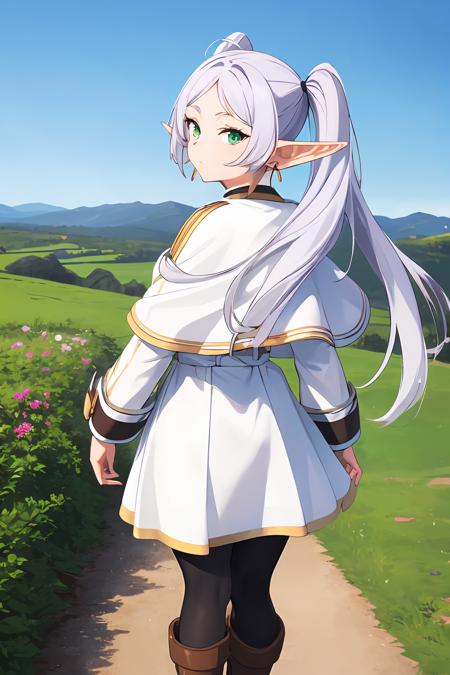 ((masterpiece)), (best quality), highres, ultra-detailed,
frieren, 1girl, earrings, elf, long hair, pointy ears, solo, twintails:1.2, green eyes, earrings, white hair, looking at viewer, white capelet, white sleeves, long sleeves,  boots, brown footwear, black pantyhose, looking at viewer, from behind
<lora:Frieren:0.8>