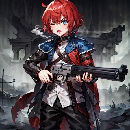 Masterpiece, high quality, (leveraction:1.2), antique firearm, stock, 1boy, red hair, blue eyes, glowing eyes, cloak, aiming at viewer, one eye closed, detailed face, bangs, dust, smoke, fog, holding weapon, trigger discipline, dark, angry, tall, lean <lora:leveractionrifle-AOM2:0.8>