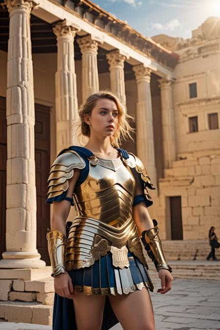 1 armor girl,  full length portrait,  standing tall on street,  side shot,  Greek classical architectur,  zoya,  more detail XL,  , more detail XL, athene,<lora:EMS-61413-EMS:0.800000>,<lora:EMS-263990-EMS:1.100000>,<lora:EMS-263874-EMS:0.200000>