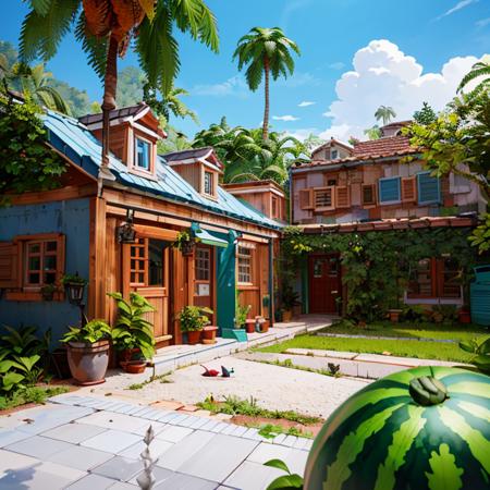 ((masterpiece,best quality)), absurdres,
<lora:Delfino_Plaza:0.7>, Delfino_Plaza, detailed small house, small island, detailed dock, detailed leaves on roof, detailed wooden door, big watermelon, palm tree,