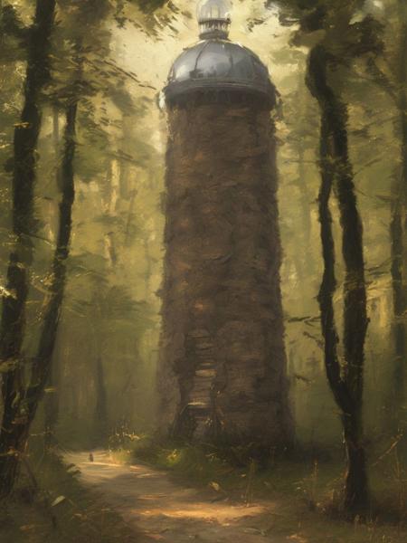 extremely detailed painting of a wizard's tower in a clearing in the woods, a wizard tower that is (topped with a glass and steel dome,:1.3), painted by classipeint, magical forest with silver and gold leaves, detailed and intricate, a winding stone path leads to the tower