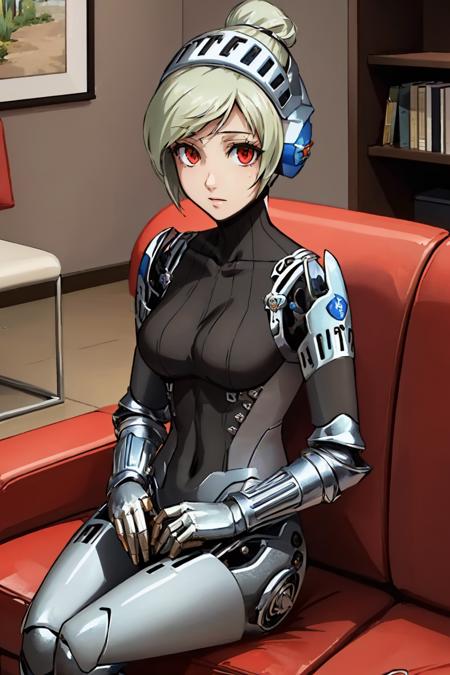 (masterpiece, best quality:1.2), solo, 1girl, unit024, android, expressionless, looking at viewer, sitting, couch, single hair bun, armor, indoors <lora:persona4u_unit024-15:1>