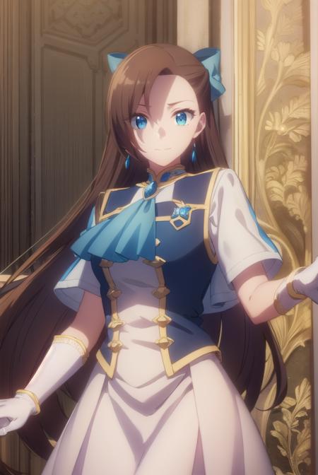 catarinaclaes, <lora:catarina claes s2-lora-nochekaiser:1>,
catarina claes, long hair, bangs, brown hair, blue eyes, asymmetrical bangs, smile,
BREAK hair ornament, gloves, dress, bow, jewelry, jacket, short sleeves, hair bow, earrings, white gloves, bracelet, ascot, blue dress, blue bow, brooch, high collar, long dress, blue ascot,
BREAK indoors,
BREAK looking at viewer, (cowboy shot:1.5),
BREAK <lyco:GoodHands-beta2:1>, (masterpiece:1.2), best quality, high resolution, unity 8k wallpaper, (illustration:0.8), (beautiful detailed eyes:1.6), extremely detailed face, perfect lighting, extremely detailed CG, (perfect hands, perfect anatomy),